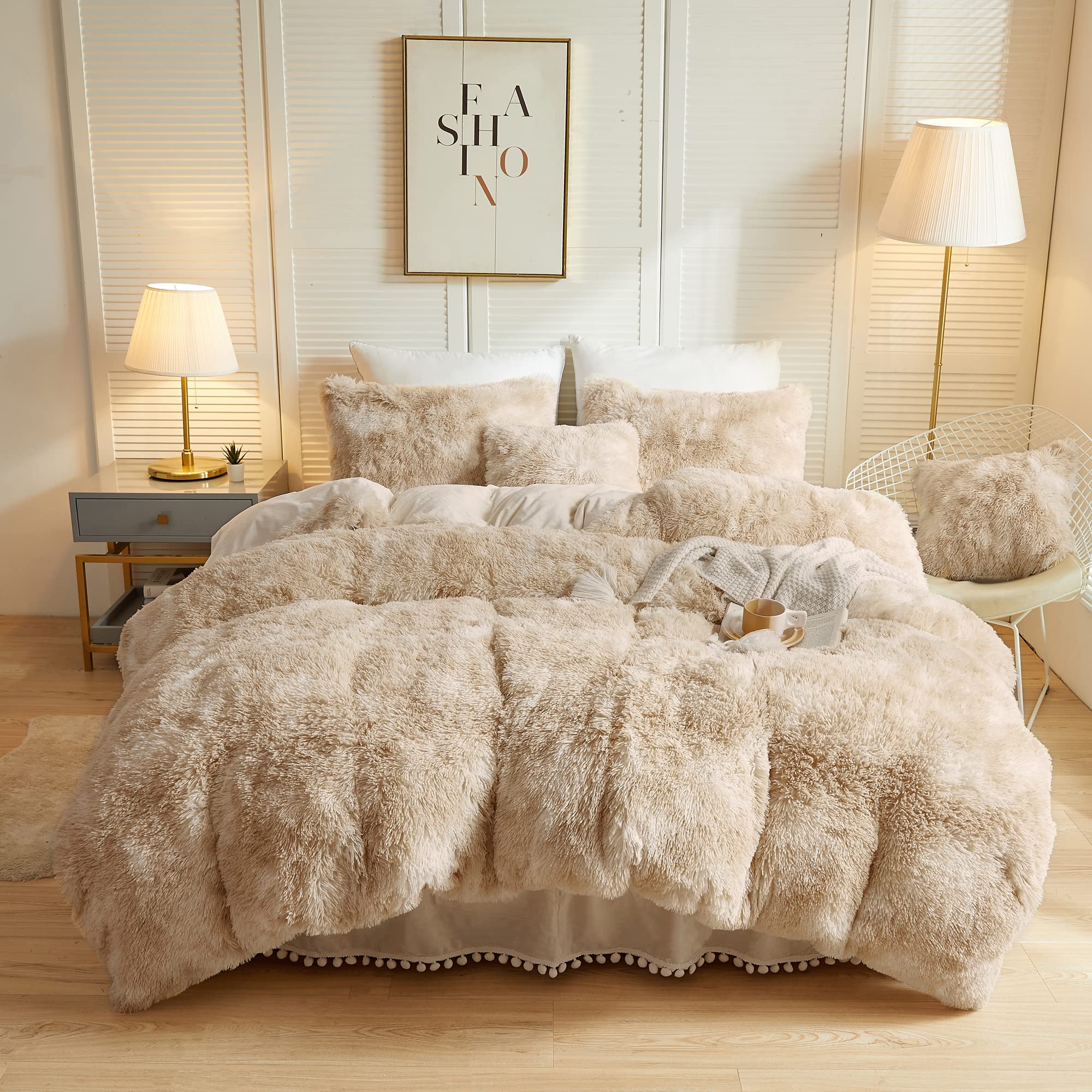 Liferevo Luxury Fluffy Faux Fur Duvet Cover Set, Soft Tie Dye Plush Fuzzy Duvet Cover(1 Marble Print Shaggy Comforter Cover+2 Fu